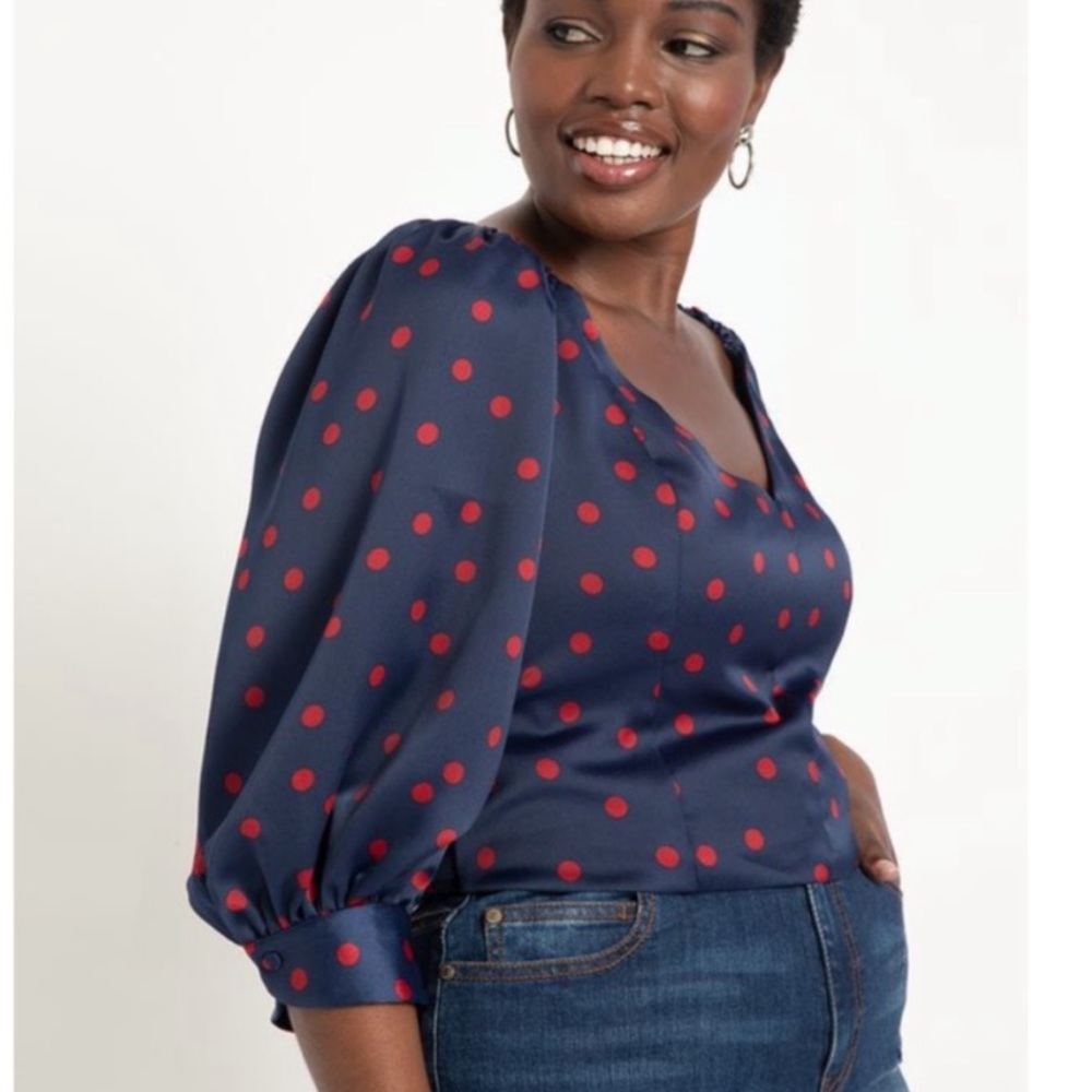 NEW eloquii size 20 polka dot Satin Navy Red Smocked Blouse Top Sexy NWT